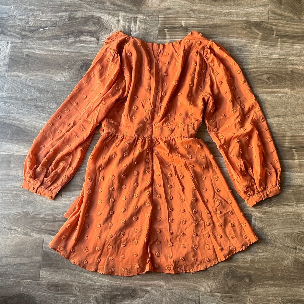 Lulus Always on Repeat Rust Orange Clip Dot Long Sleeve Mini Dress XL NWT - Picture 8 of 9